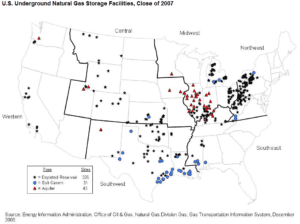 A map of the united states with locations for natural gas storage facilities.