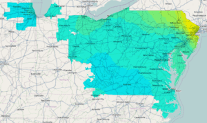 A map of the state of pennsylvania with blue and green areas.