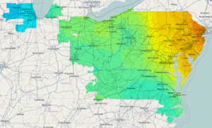 A map of the state of pennsylvania with green and yellow areas.