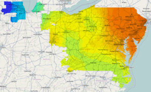 A map of the state of pennsylvania with different colors.