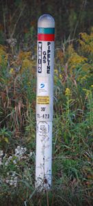 A pole with some stickers on it in the grass.